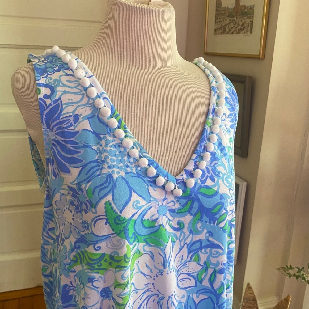 Lilly Pulitzer Blue Green Floral Pom Pom V-Neck Ruffle Hem Shift Dress Medium - Picture 3 of 9